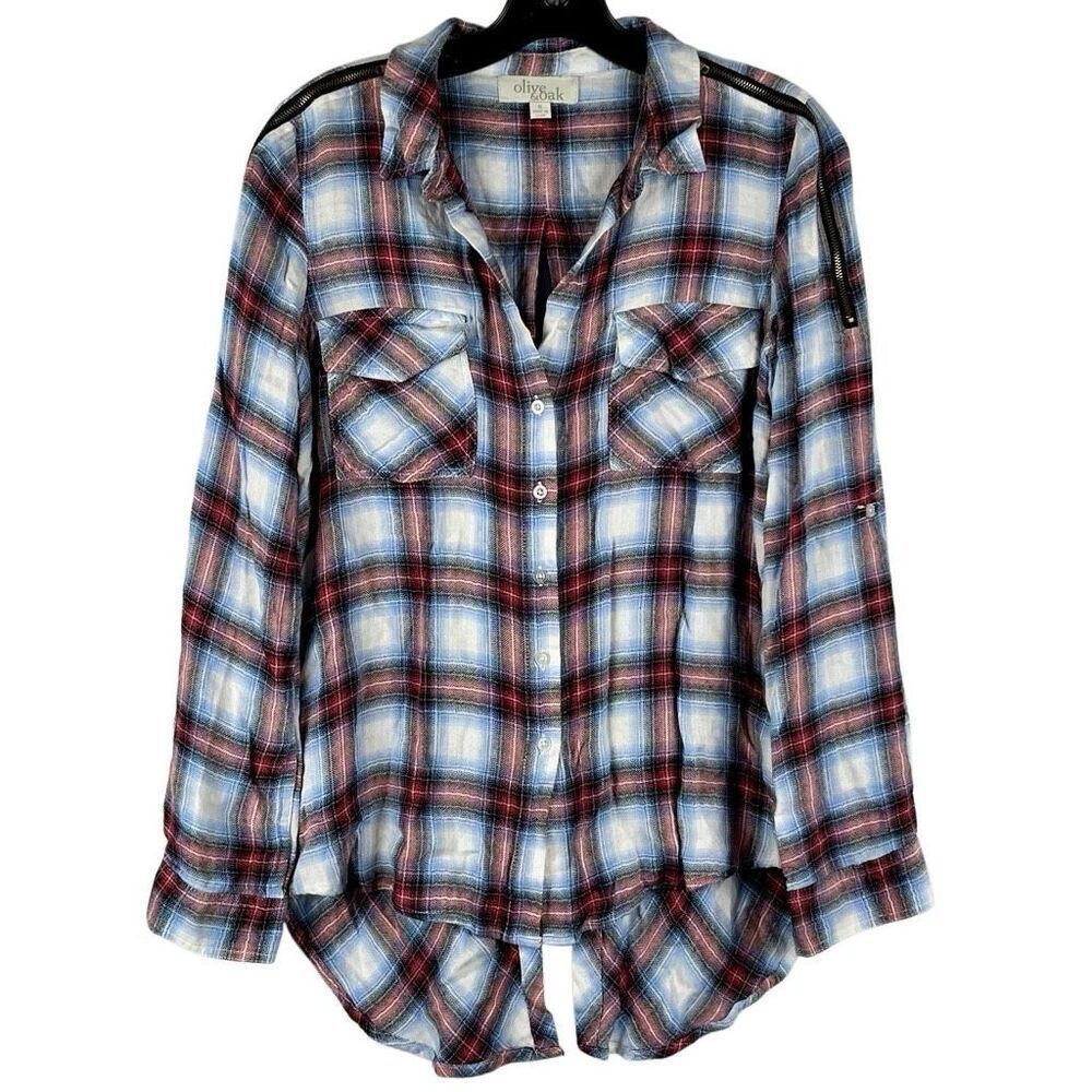 Olive & Oak Plaid Button Down Zipper Shoulder Split Tail Blouse Small